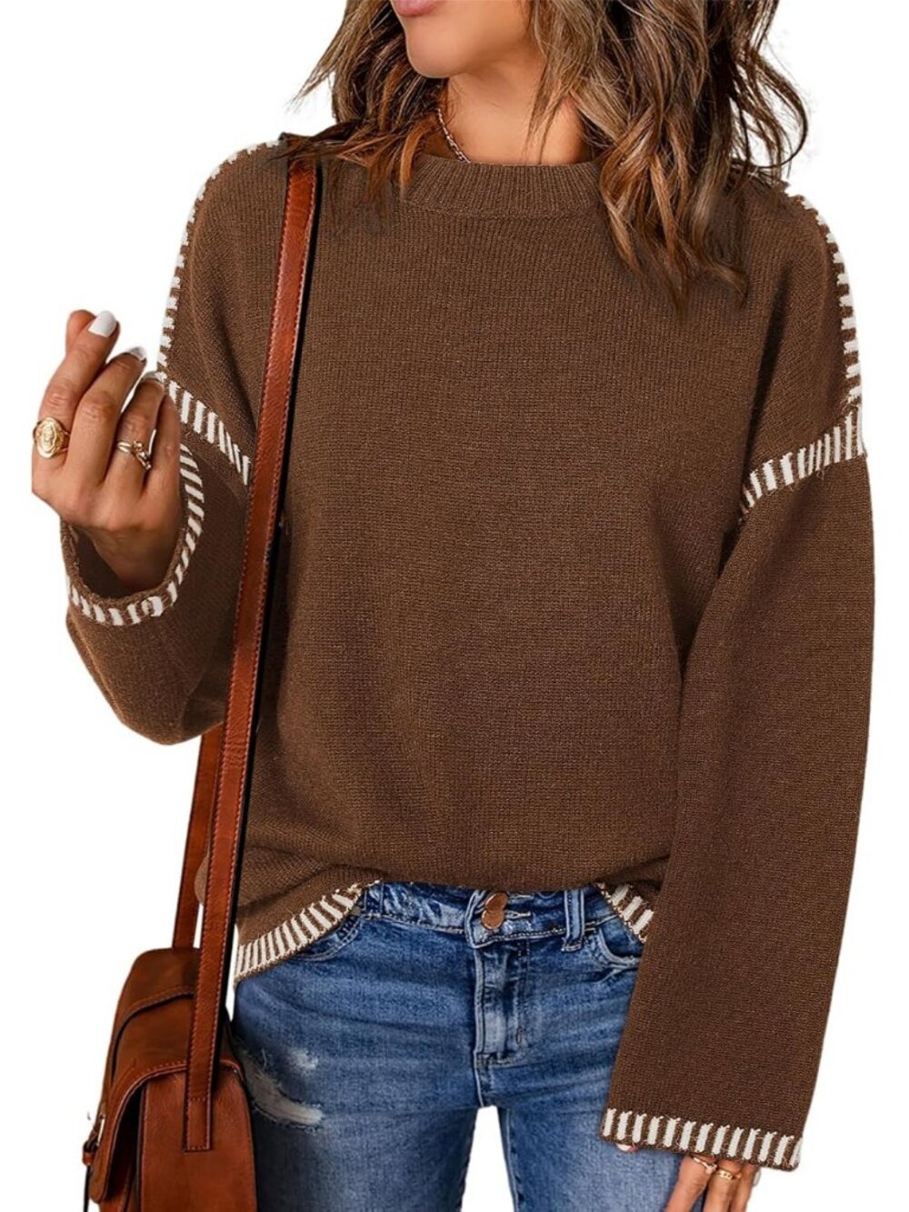Women's Coffee Oversized Crewneck Long Sleeve Knit Casual Fashion Sweater Tops